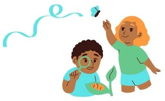 Illustration of two young children exploring with a magnifying glass and a butterfly
